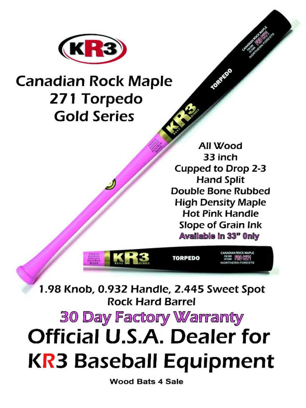271 T Torpedo Gold Series Baseball Wood Bat Available in 33 inch Length